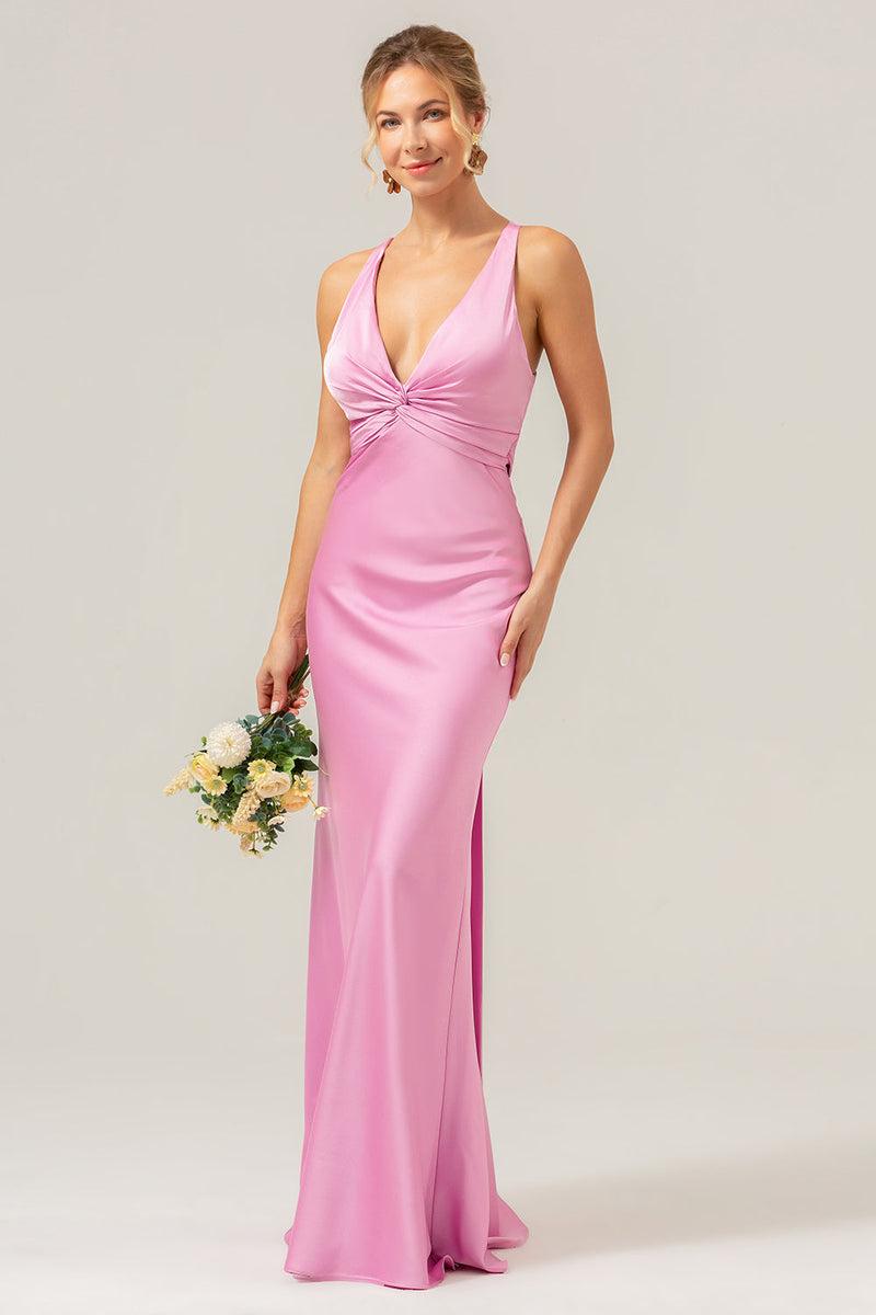 Load image into Gallery viewer, Pink Mermaid V Neck Ruched Satin Long Bridesmaid Dress with Lace Up Back