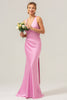 Load image into Gallery viewer, Pink Mermaid V Neck Ruched Satin Long Bridesmaid Dress with Lace Up Back