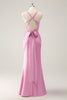 Load image into Gallery viewer, Pink Mermaid V Neck Ruched Satin Long Bridesmaid Dress with Lace Up Back