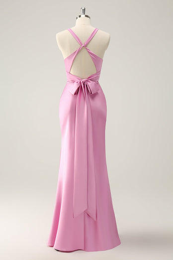 Pink Mermaid V Neck Ruched Satin Long Bridesmaid Dress with Lace Up Back