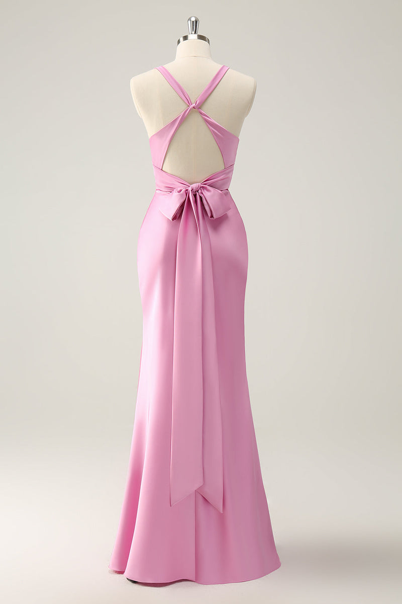 Load image into Gallery viewer, Pink Mermaid V Neck Satin Long Bridesmaid Dress