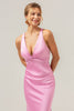 Load image into Gallery viewer, Pink Mermaid V Neck Ruched Satin Long Bridesmaid Dress with Lace Up Back