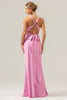 Load image into Gallery viewer, Pink Mermaid V Neck Ruched Satin Long Bridesmaid Dress with Lace Up Back