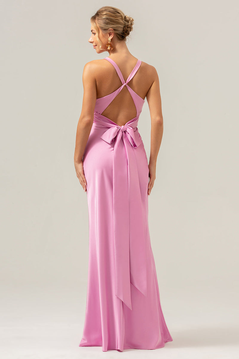 Load image into Gallery viewer, Pink Mermaid V Neck Ruched Satin Long Bridesmaid Dress with Lace Up Back