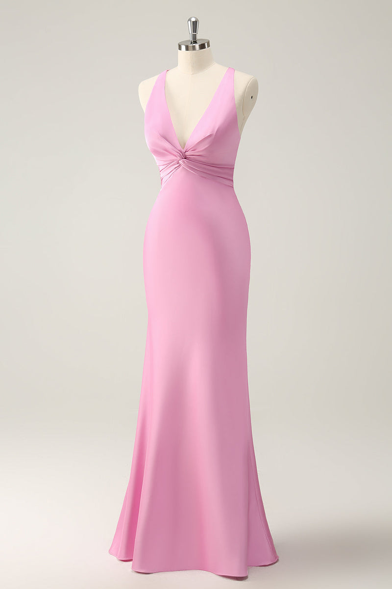 Load image into Gallery viewer, Pink Mermaid V Neck Satin Long Bridesmaid Dress