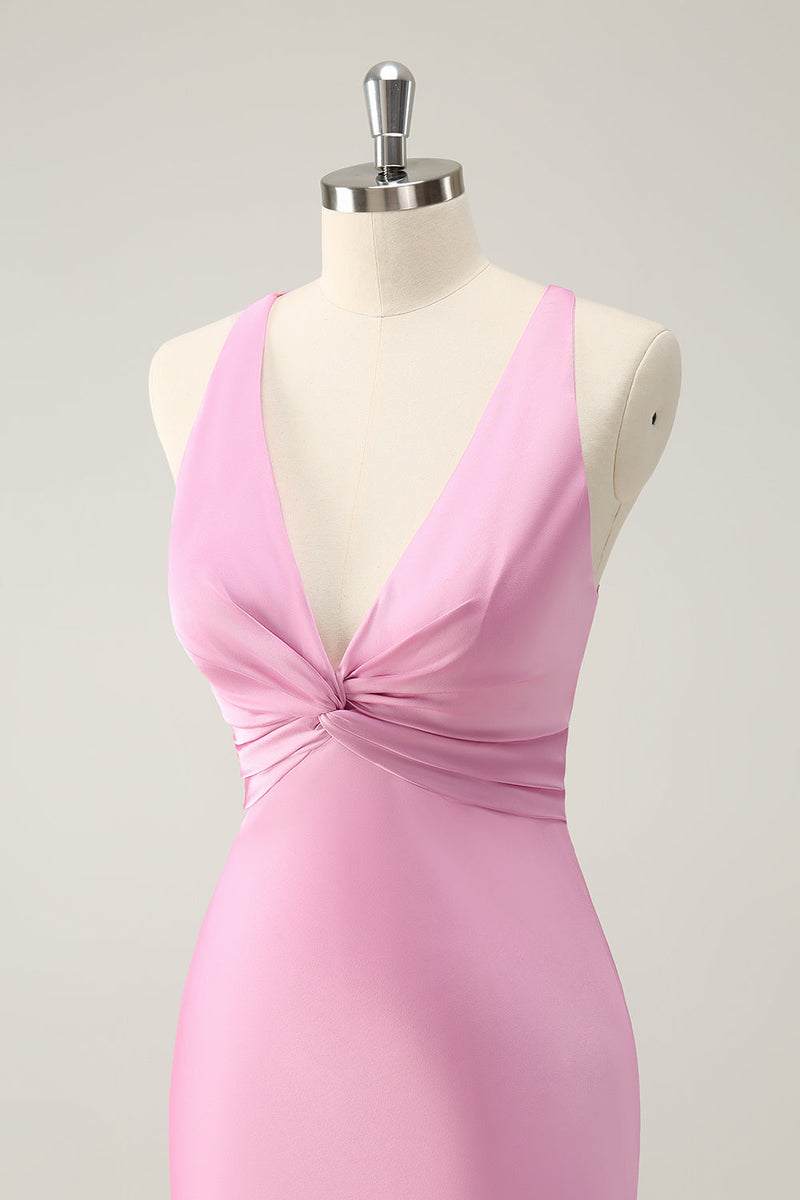 Load image into Gallery viewer, Pink Mermaid V Neck Satin Long Bridesmaid Dress