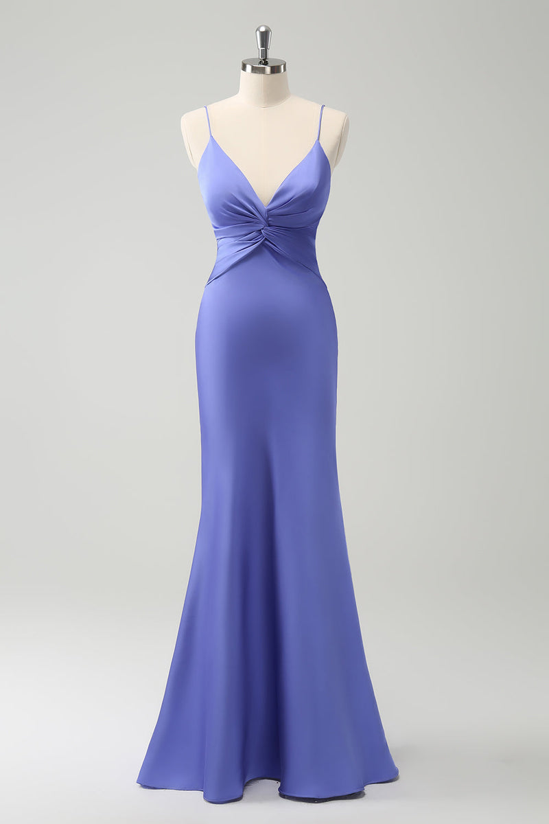 Load image into Gallery viewer, Mermaid Spaghetti Straps Hollow Out Twist Front Purple Bridesmaid Dress