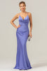 Load image into Gallery viewer, Mermaid Spaghetti Straps Hollow Out Twist Front Purple Bridesmaid Dress