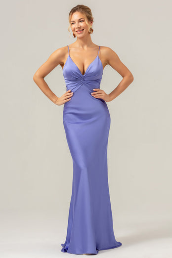 Purple Mermaid Spaghetti Straps Hollow Out Twist Front Bridesmaid Dress