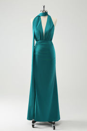 Peacock Sheath Halter Backless Bridesmaid Dress with Slit