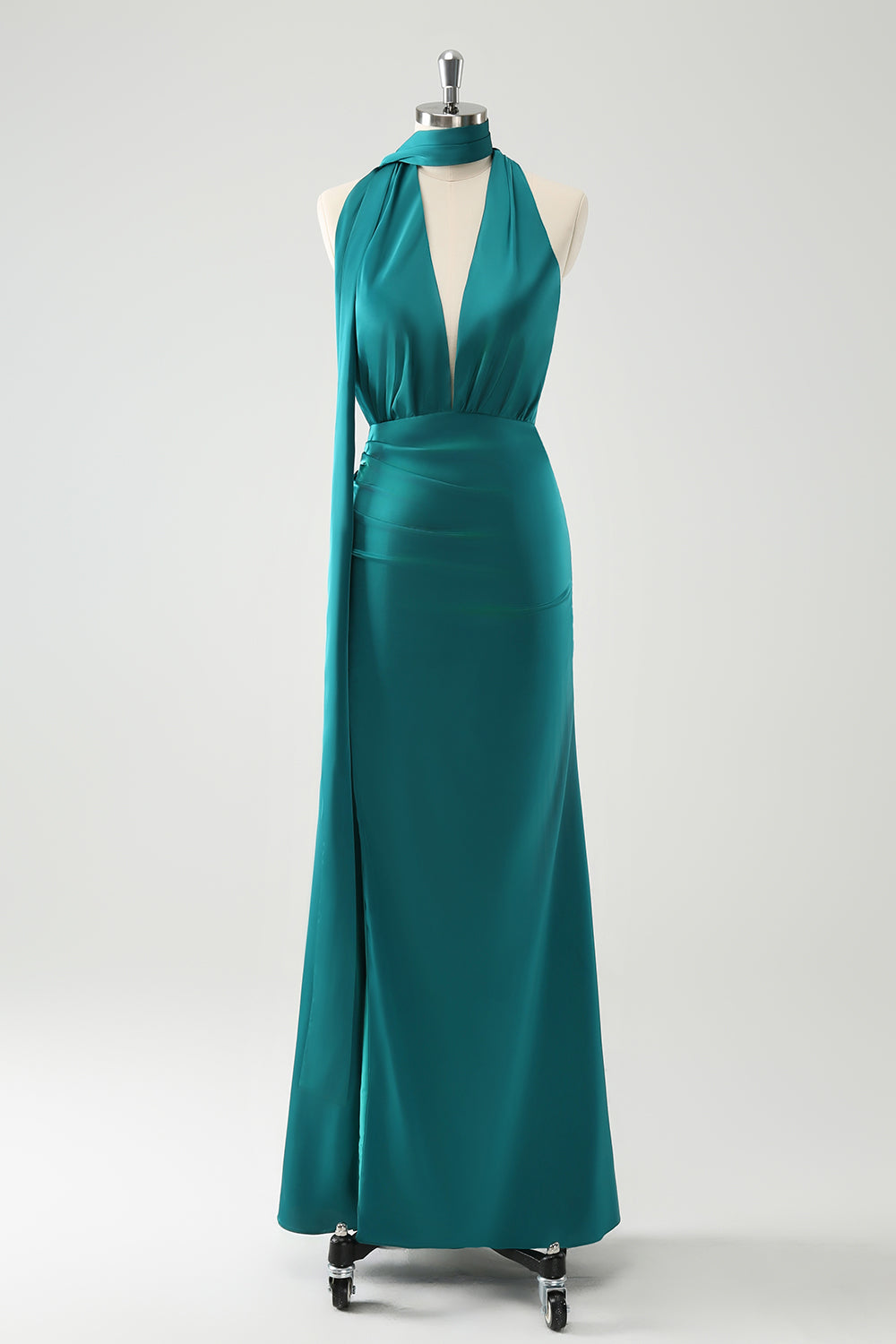 Peacock Sheath Halter Backless Bridesmaid Dress with Slit