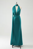 Peacock Sheath Halter Backless Bridesmaid Dress with Slit