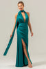 Load image into Gallery viewer, Peacock Sheath V-Neck Backless Long Bridesmaid Dress with Slit