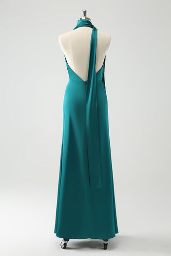 Peacock Sheath V-Neck Backless Long Bridesmaid Dress with Slit