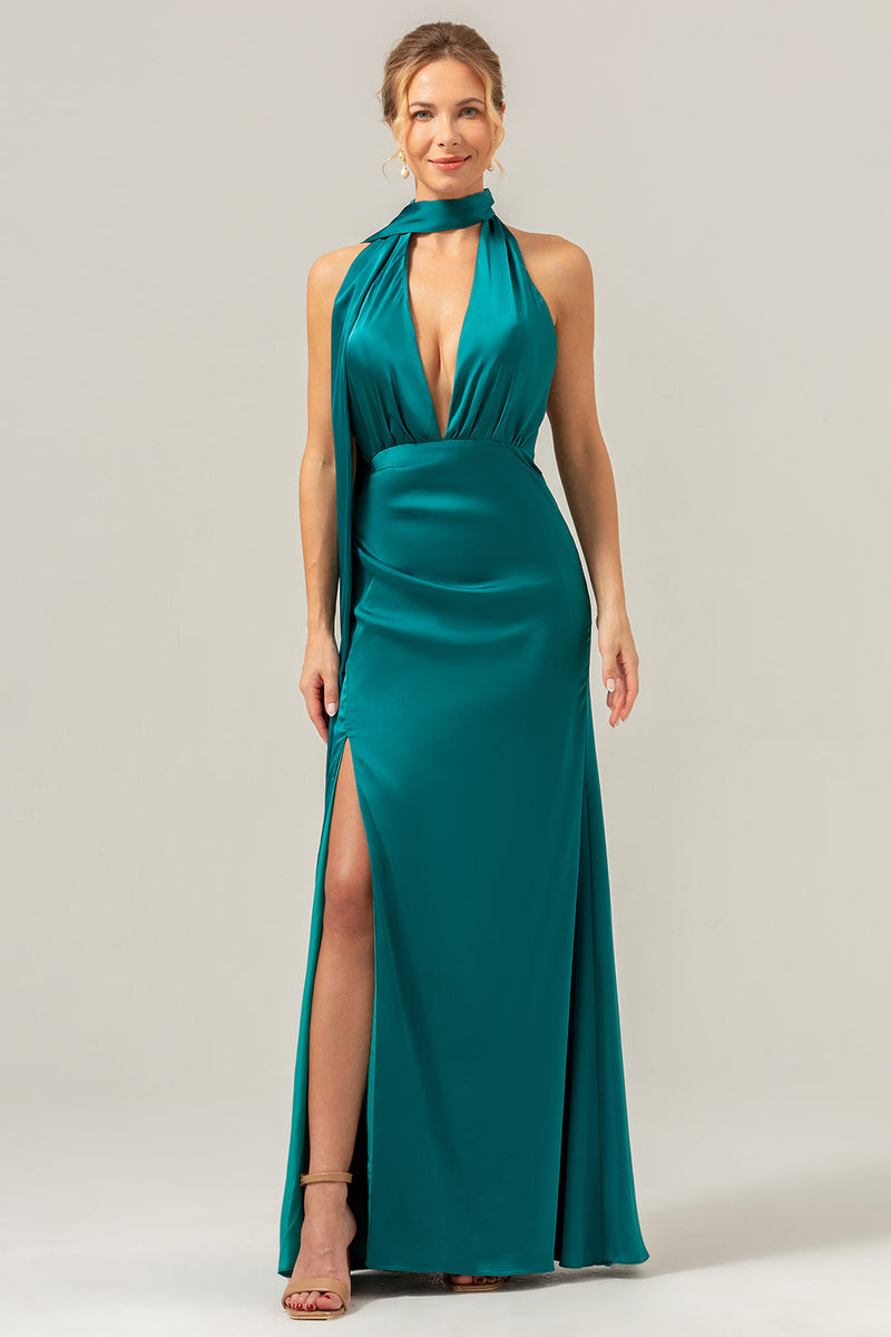 Load image into Gallery viewer, Peacock Sheath V-Neck Backless Long Bridesmaid Dress with Slit