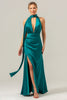 Load image into Gallery viewer, Peacock Sheath Halter Backless Bridesmaid Dress with Slit