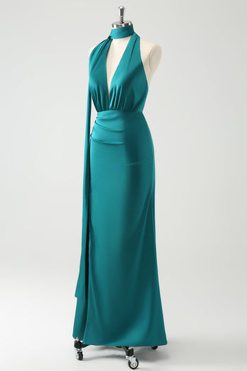 Peacock Sheath Halter Backless Bridesmaid Dress with Slit