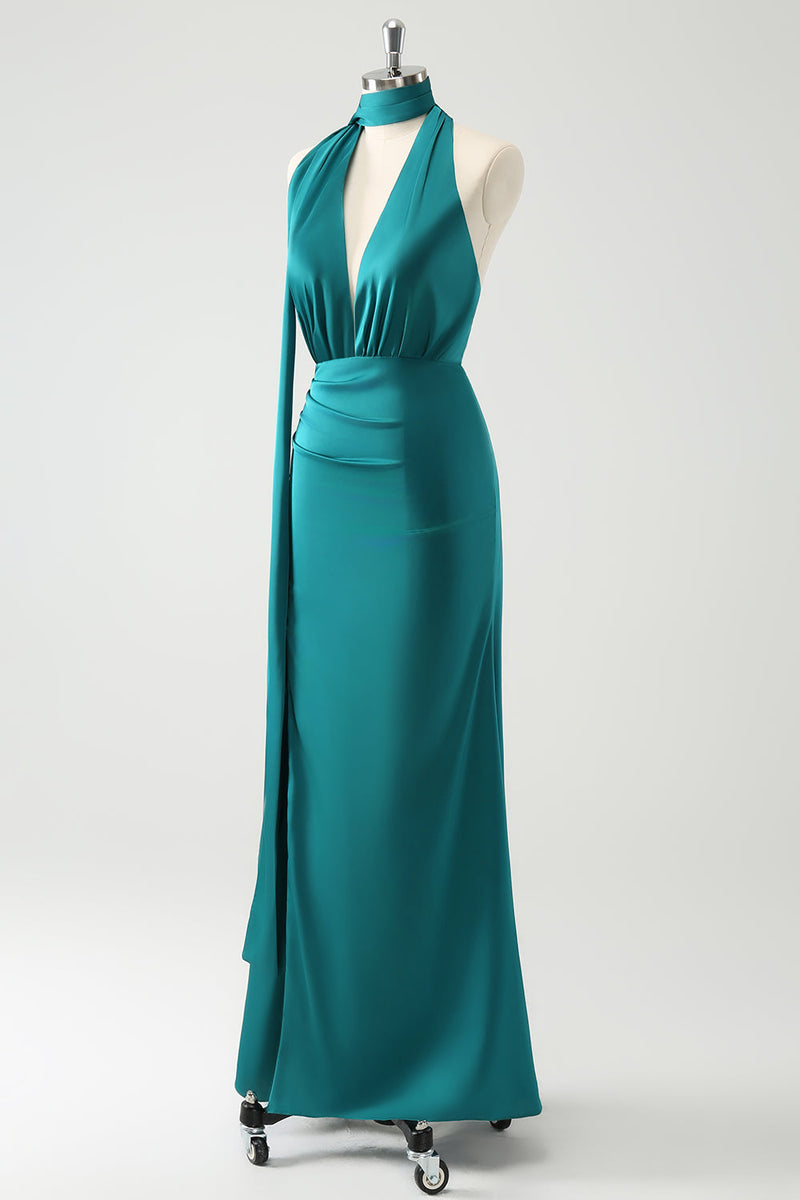 Load image into Gallery viewer, Peacock Sheath Halter Backless Bridesmaid Dress with Slit