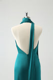 Peacock Sheath Halter Backless Bridesmaid Dress with Slit