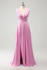 Load image into Gallery viewer, Pink A Line V-Neck Backless Bridesmaid Dress with Slit