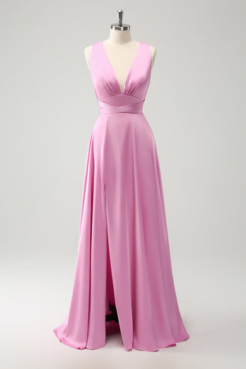 Pink A Line V-Neck Backless Satin Long Bridesmaid Dress with Slit