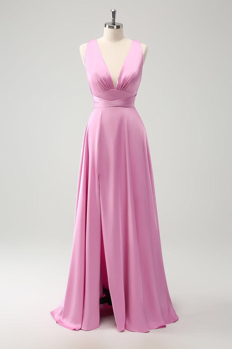 Load image into Gallery viewer, Pink A Line V-Neck Backless Satin Long Bridesmaid Dress with Slit