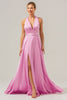 Load image into Gallery viewer, Pink A Line V-Neck Backless Satin Long Bridesmaid Dress with Slit