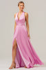 Load image into Gallery viewer, Pink A Line V-Neck Backless Satin Long Bridesmaid Dress with Slit