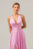 Load image into Gallery viewer, Pink A Line V-Neck Backless Satin Long Bridesmaid Dress with Slit