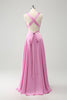 Load image into Gallery viewer, Pink A Line V-Neck Backless Satin Long Bridesmaid Dress with Slit