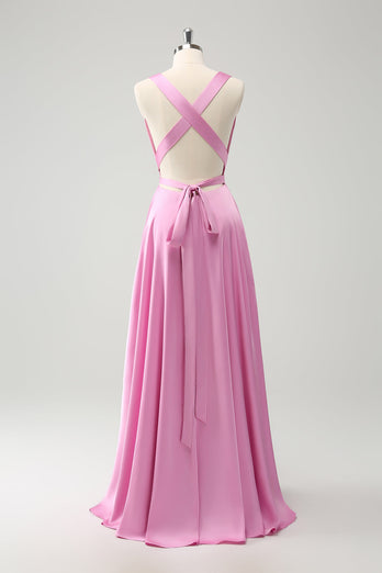 Pink A Line V-Neck Backless Satin Long Bridesmaid Dress with Slit