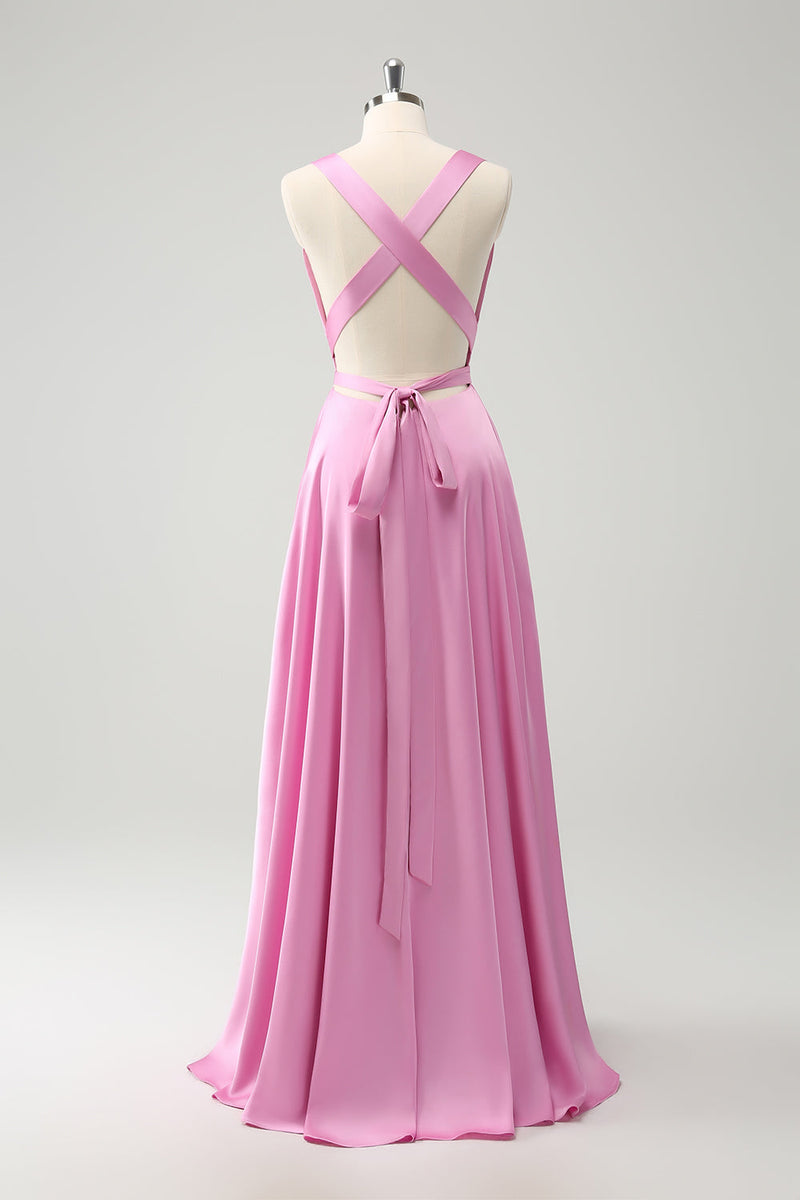 Load image into Gallery viewer, Pink A Line V-Neck Backless Satin Long Bridesmaid Dress with Slit