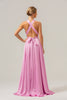 Load image into Gallery viewer, Pink A Line V-Neck Backless Bridesmaid Dress with Slit