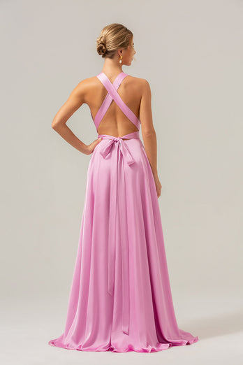 Pink A Line V-Neck Backless Bridesmaid Dress with Slit