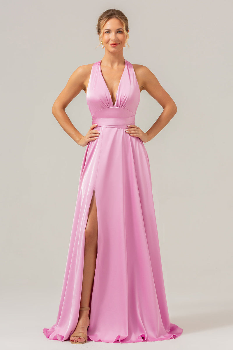 Load image into Gallery viewer, Pink A Line V-Neck Backless Satin Long Bridesmaid Dress with Slit