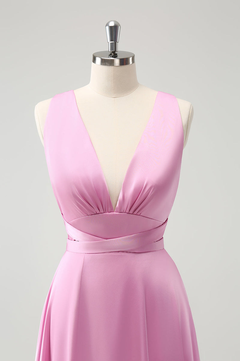 Load image into Gallery viewer, Pink A Line V-Neck Backless Bridesmaid Dress with Slit