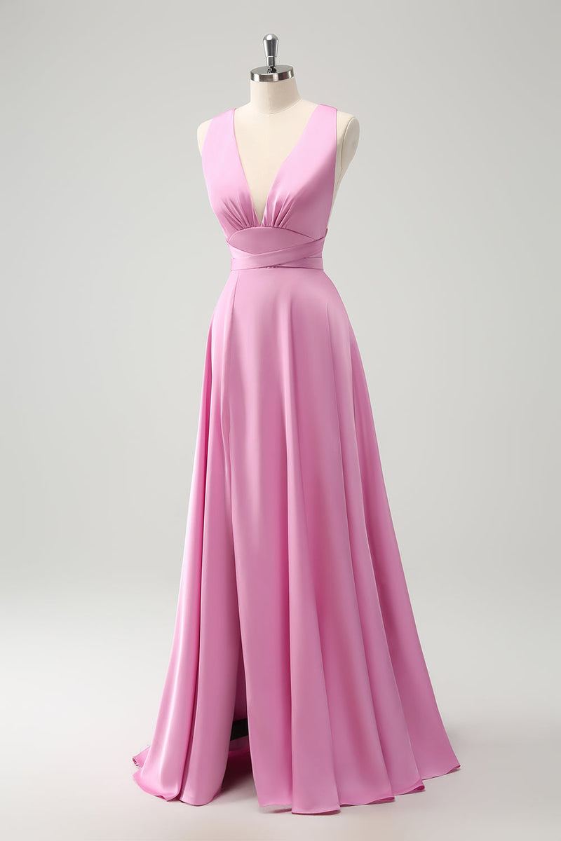 Load image into Gallery viewer, Pink A Line V-Neck Backless Bridesmaid Dress with Slit