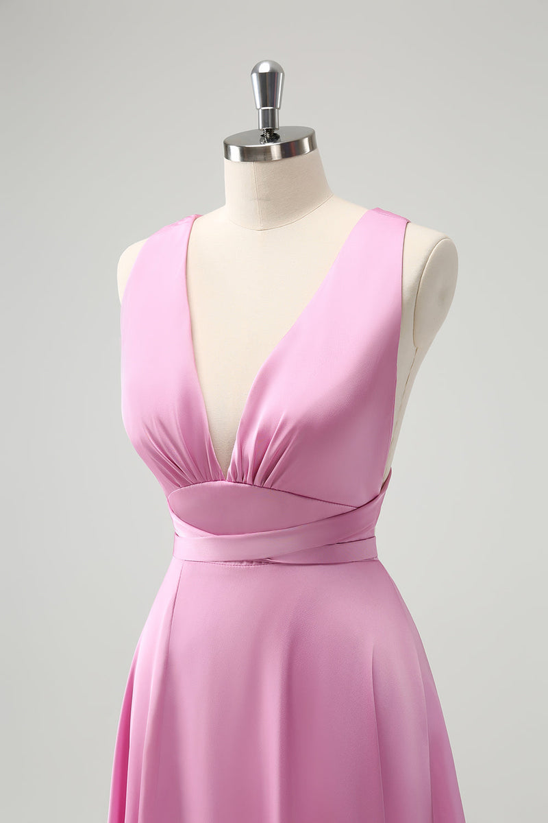 Load image into Gallery viewer, Pink A Line V-Neck Backless Bridesmaid Dress with Slit