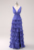 Load image into Gallery viewer, Purple A-Line V Neck Pleated Tiered Lace Up Back Long Bridesmaid Dress with Slit