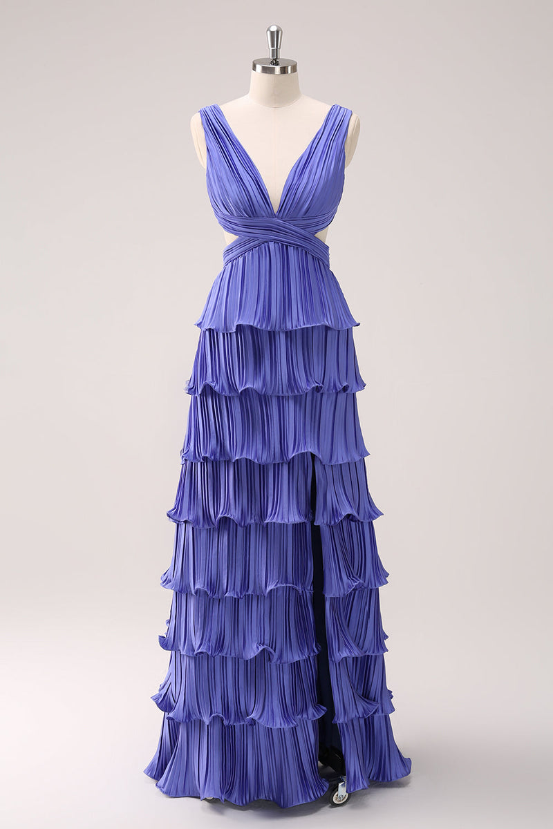 Load image into Gallery viewer, Purple A-Line Deep V Neck Tiered Long Bridesmaid Dress with Slit