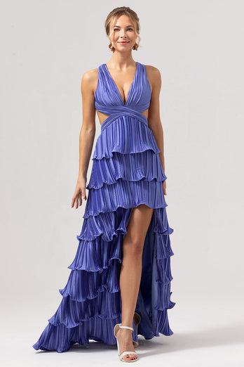 Purple A-Line Deep V Neck Tiered Long Bridesmaid Dress with Slit