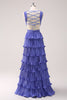 Load image into Gallery viewer, Purple A-Line Deep V Neck Tiered Long Bridesmaid Dress with Slit