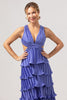 Load image into Gallery viewer, Purple A-Line V Neck Pleated Tiered Lace Up Back Long Bridesmaid Dress with Slit