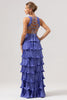 Load image into Gallery viewer, Purple A-Line V Neck Pleated Tiered Lace Up Back Long Bridesmaid Dress with Slit