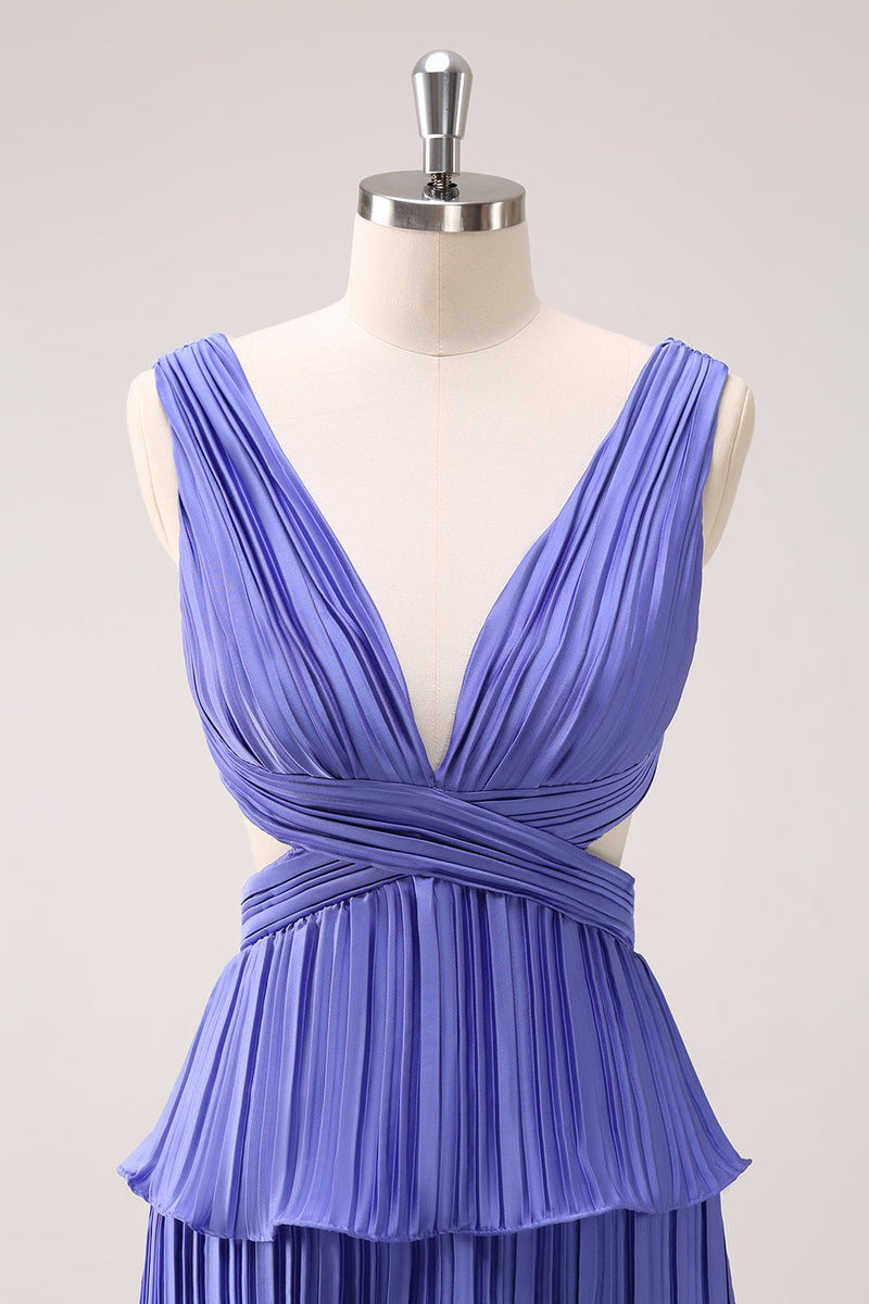 Load image into Gallery viewer, Purple A-Line Deep V Neck Tiered Long Bridesmaid Dress with Slit