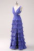 Load image into Gallery viewer, Purple A-Line Deep V Neck Tiered Long Bridesmaid Dress with Slit