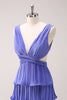 Load image into Gallery viewer, Purple A-Line Deep V Neck Tiered Long Bridesmaid Dress with Slit