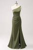 Load image into Gallery viewer, Olive Mermaid One Shoulder Backless Satin Long Bridesmaid Dress