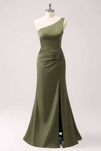 Olive Mermaid One Shoulder Backless Satin Long Bridesmaid Dress