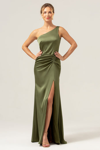 Olive One Shoulder Mermaid Satin Long Bridesmaid Dress